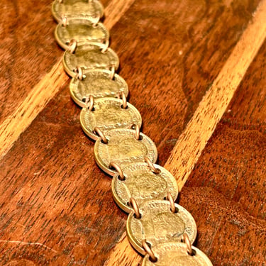 Vibtage Coin Bracelet Gold Tone Handmade Jewelry Retro Coins Dated Range 1940s 