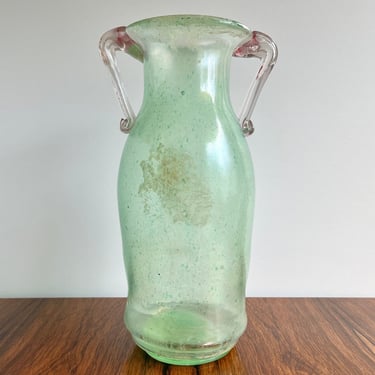 Vintage Mid Century Murano Italy Scavo Glass Vase with Handles, 12.5