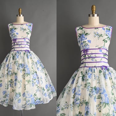 vintage 1950s Dress | Gorgeous Blue Floral Print Full Skirt Cupcake Dress | Small 