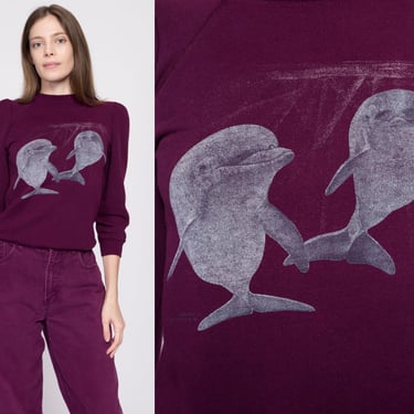 80s Dolphin Puff Sleeve Sweatshirt - Extra Small | Reworked Vintage Plum Purple Animal Graphic Girly Crewneck Pullover 