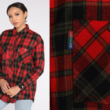 Red Plaid Shirt Y2k Soft Flannel Checkered Button Up Blouse Grunge Lumberjack Long Sleeve Collared Top Hipster Vintage 00s Large xl l 