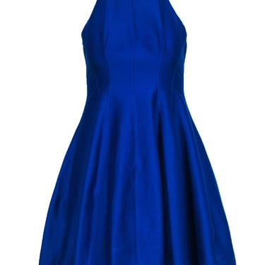 Halston Heritage - Cobalt Blue Cotton & Silk Blend High Neck Fit & Flare Dress Sz 0