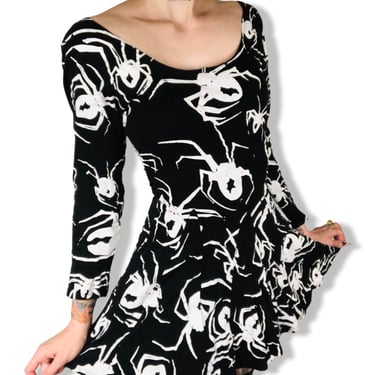 RARE Vintage 90s Spider Novelty Print Cotton Fit N Flare Mini Dress - size Small Medium 