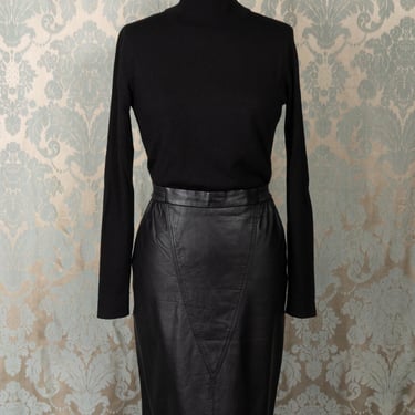 1980s Genuine Leather Pencil Skirt with Triangle Stitched Front Detail 