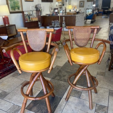 Vintage Yellow Rattan Swivel Bar Stools