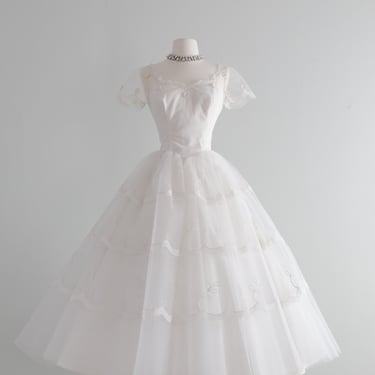 Stunning 1950's Tea Length Delicate Tulle And Lace Wedding Dress / Small