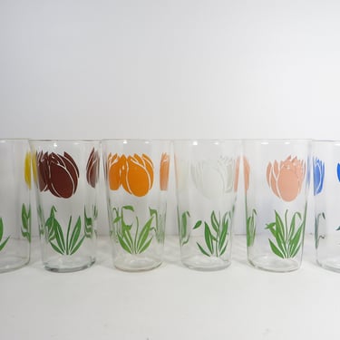 Vintage Tulip Glass Tumblers - Set of 6 Vintage Painted Tulips Glass Juice Tumblers 