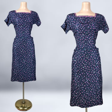 VINTAGE 40s Navy Blue Silk Novelty Radish Print Dress with Pockets | 1940s Art Deco Fruit Print Bombshell Dress | VFG 