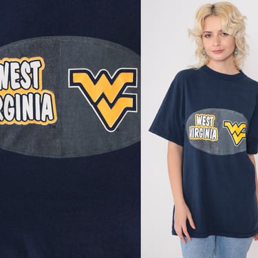 West Virginia University Shirt 90s WVU Mountaineer College T-Shirt Navy Blue Graphic Tee Morgantown Vintage 1990s Tultex Medium Large 