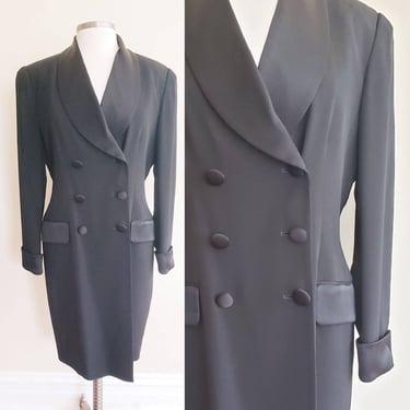 90s Black Long Sleeved Dress Tuxedo Suit Style / 1990s Evan Picone Wrap Style Double Breasted Dress / Large 