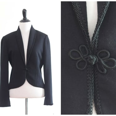 Short black knit blazer shawl collar and frog button closure 