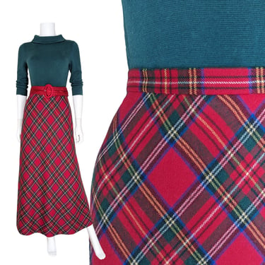 Vintage Plaid Maxi Skirt, Small / 1990s Wool Tartan Skirt / Christmas Red Ankle Length Winter Skirt 