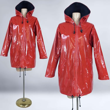 VINTAGE 80s Shiny Red PCV Vinyl Hooded Rain Jacket by Atlantic Beach Sz M| 80s Rain Slicker Spring Jacket | Fleece Lined Coat | VFG 