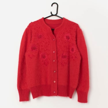 80s vintage bright red fluffy Christmas cardigan, angora embroidered sweater - Medium 