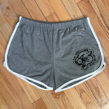 Women’s vintage style high waist medium gray jogger shorts with traditional tattoo panther head 