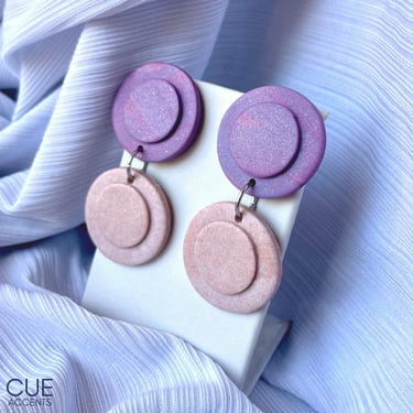 3D Double Circle Drop Dangle Polymer Clay Earrings, Purple x Cream Pink Earrings, Jewelry, Stainless Steel, Hypoallergenic, Gifts for Her 