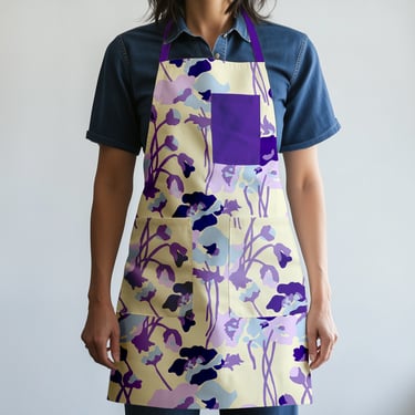 Dini's Rustic Floral in Ecru and Purple Apron in Mid Weight Cotton Twill