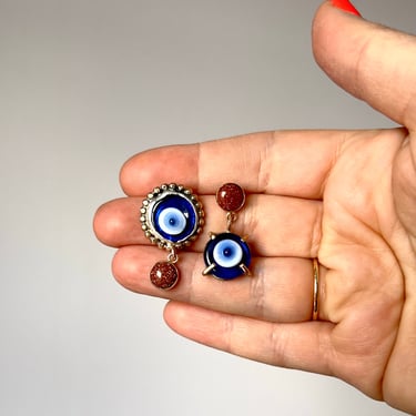 Asymmetric Blue Glass Eye Evil Eye Dangle Studs with Goldstone in Sterling Silver and 14k Goldfill 