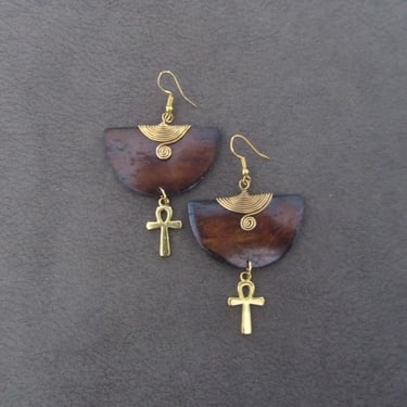 African earrings, brass and bone horn earrings, Ankh earrings 