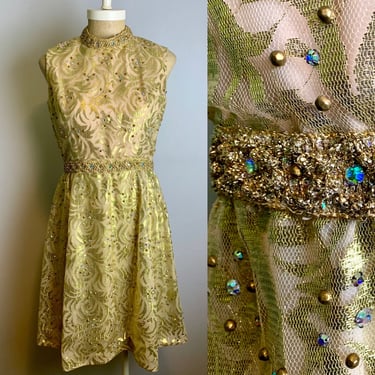 Vintage 60s Gold Lace Sequined Beaded Dress Cocktail Party Size Small 