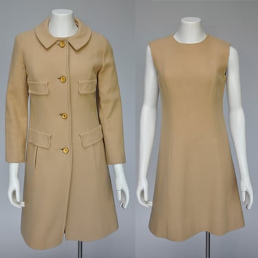 1960s camel wool mod dress and coat set XS/S 