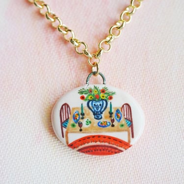 Pink French Ceramic Charm Necklace, Miniature Painting Charm, Porcelain Pendant Necklace, Hand Crafted Charm Necklace, Table Setting Pendant 