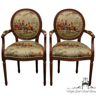 Set of 2 ETHAN ALLEN Traditional Style Round Back Accent Arm Chairs w. Toile Print Upholstery 