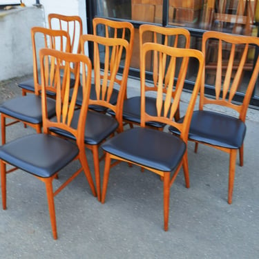 Stellar Set of 8 Koefoeds Hornslet Ingrid Chairs in Teak w/ Black Vinyl Seats