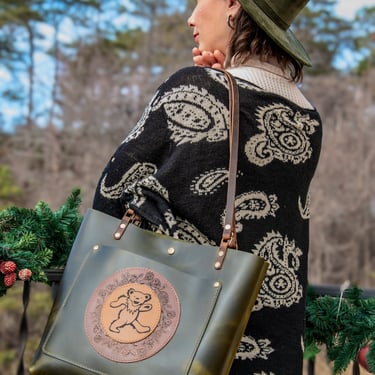 LIMITED EDITION Leather Tote Bag | Icon Collection | Grateful Dancing Bear Mandala Tote | Medium | Jade Green | Crossbody and Shoulder Strap 
