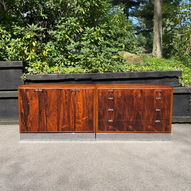 Midcentury Modern Pair of Rosewood + Walnut Sideboards, credenzas, buffet, TV stand, media console by Bernhardt Flair, ca. 1960's 
