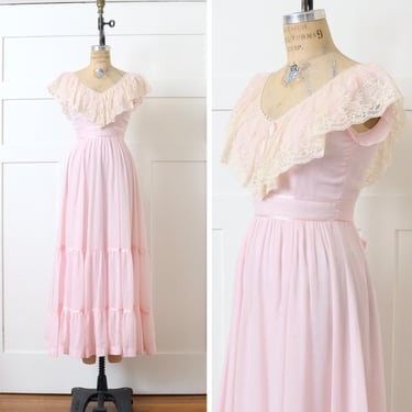 vintage 1970s light pink Candi Jones maxi dress • sweet romance gauze & lace full length bohemian dress 
