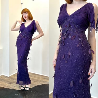 Vintage 2000s Dress / Y2K Diane Freis Beaded Feather Gown / Purple ( small S ) 