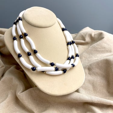 White, blue and gold plastic 3 strand necklace - 1980s costume jewelry 