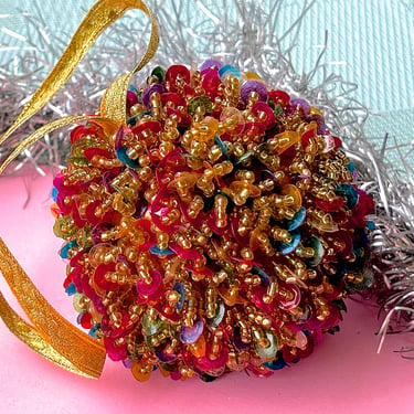 VINTAGE: Glass Beaded Sequin Ornament - Handcrafted - Holiday, Christmas, Xmas 