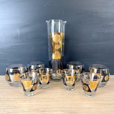 Cera black gold coin double martini pitcher and glasses barware - 1960s vintage 