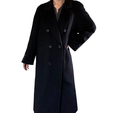 Vintage Womens Alorna Black Mongolian Cashmere Double Breasted Trench Coat Sz 16 