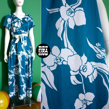 Tropical Vintage 70s 80s Teal Blue Floral Hawaiian Maxi Muumuu Dress 