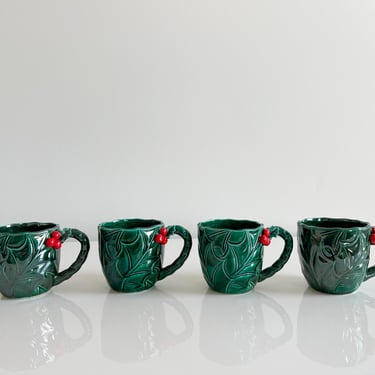 Lefton Green Holly Christmas Embossed Lustre Mugs: Holiday Set of Four Vintage USA 1960s 