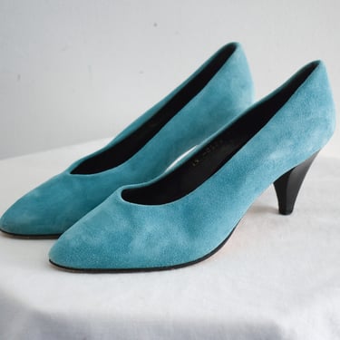 1980s Mondi Turquoise Suede Heels, Size 38 