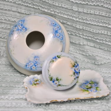 Antique Limoges Porcelain THREE (3) Piece Set Lidded Trinket Dish & Pin or Vanity Tray ZS Co Bavaria Hair Receiver Collectible Signed RARE 