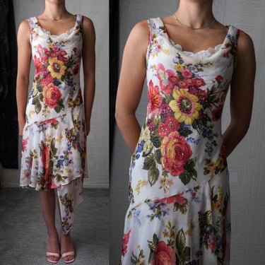 Vintage 90s Connected Apparel Two Piece Sequined Bias Cut Maxi Dress w/ Large Scale Floral Print | Made in India | 1990s Designer Dress 
