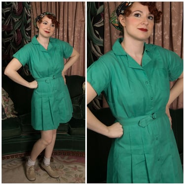 1930s Athletic Wear - Darling Vintage 30s/40s Clasic Green Cotton Gym Dress with Snap Closures 