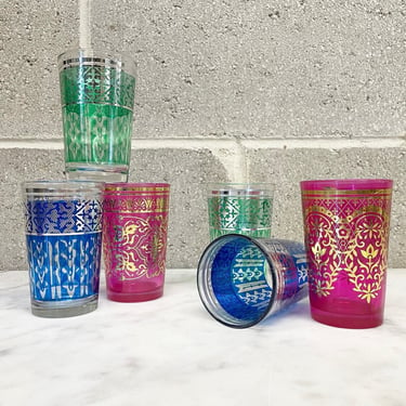 Vintage Drinking Glasses Set Retro 1960s Moroccan + Juice or Tea Glasses + Set of 6 + Multicolored + Bohemian + Drinkware + Home Decor 