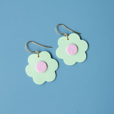 Juicy Blooms Flower Earrings in Mint Green + Pink - Lightweight & Made from Reclaimed Leather 