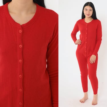 Vintage Duofold Red Union Suit 80s Thermal Underwear One Piece Suit Butt Flap Cotton Wool Blend 1980s Long Sleeve Small 