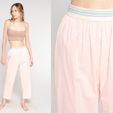 80s Pink Pants Pastel Striped Elastic Waist Trousers High Waisted Slacks 1980s Tapered Leg Pull On Casual Pants Vintage Summer Small xs s 