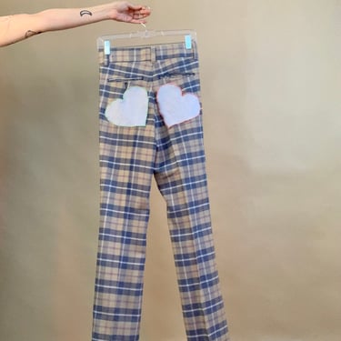Heart patch plaid 70’s pants with chain belt 