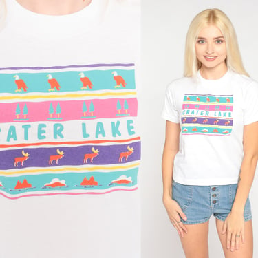 Crater Lake Shirt 90s National Park T-Shirt Oregon Graphic Tee Elk Eagle Trees Nature Wildlife Animal Top White Vintage 1990s Extra Small xs 