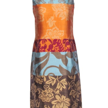 Oscar de la Renta - Orange, Blue, & Brown Multicolor Patchwork Sleeveless Dress Sz 6