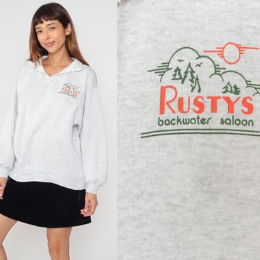 Rusty's Backwater Saloon Shirt 90s Quarter Zip Sweatshirt Stevens Point Wisconsin Bar Graphic Pullover Sweater Vintage 1990s Jerzees XL 